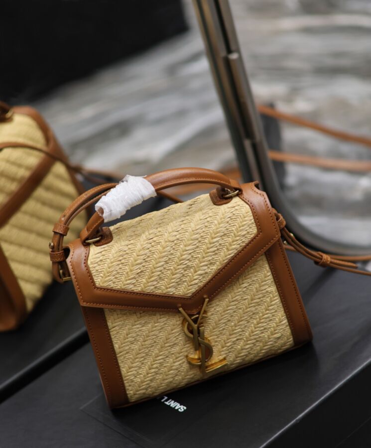 Saint.Lau.rent Cassandra Mini Top Handle Bag In Raffia And Vegetable-Tanned Leather Coffee