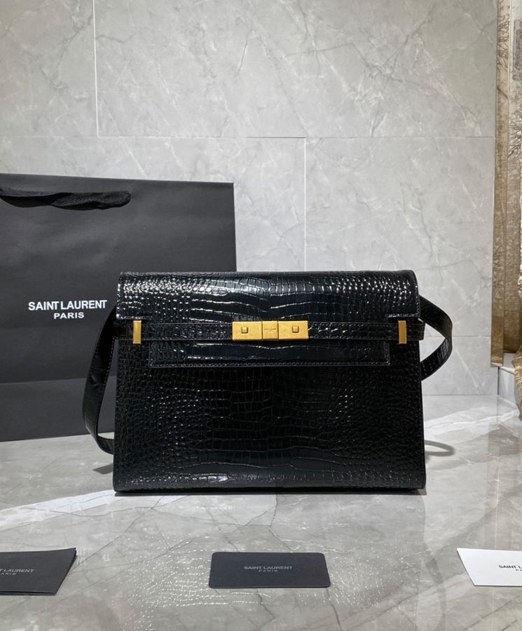 Saint.Lau.rent Manhattan Shoulder Bag In Crocodile-embossed Shiny Leather 579271 Black