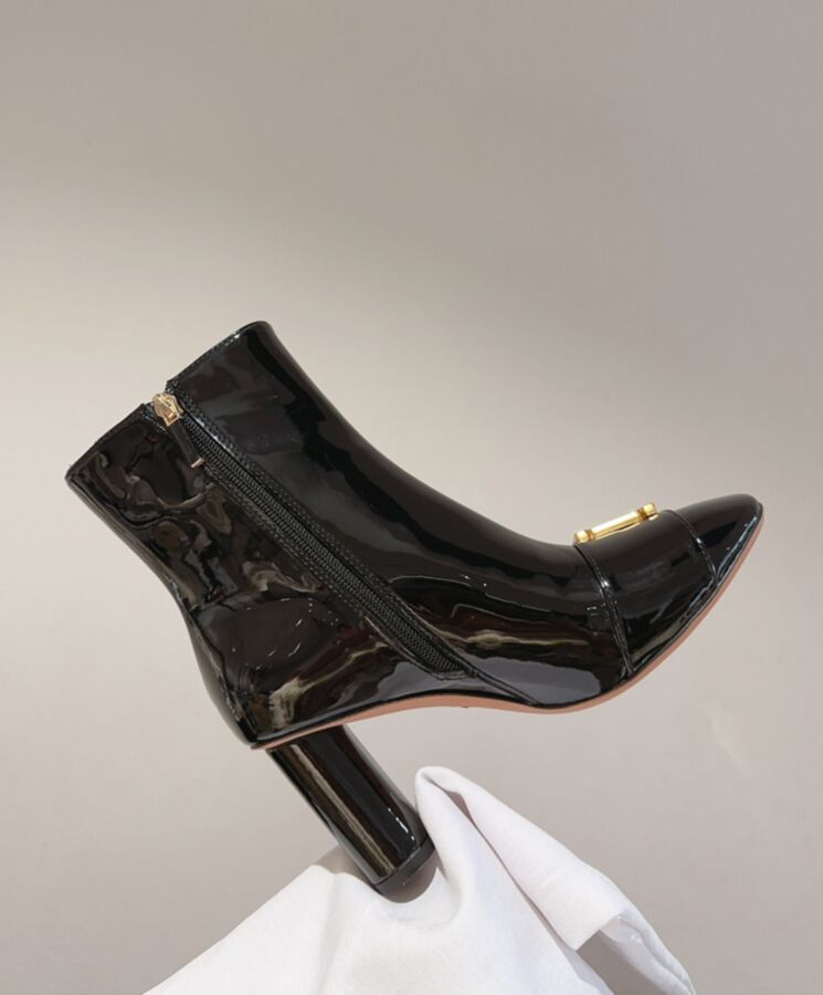 Di.ar Women's C'est, Heeled Ankle Boot, Black Patent Calfskin, Winter 2023, Gold-finish Metal Initials