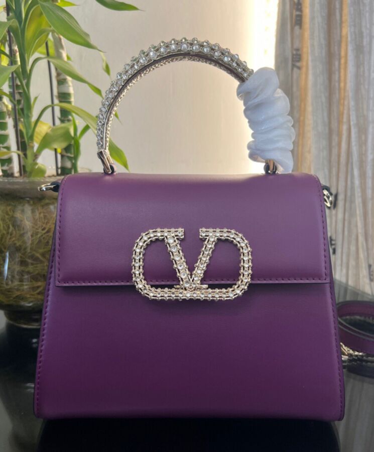 Valen.tino Small Vsling, Calfskin Handbag, Jewel Handle Bag, Luxury Designer Bag, Valen.tino Garavani Bag