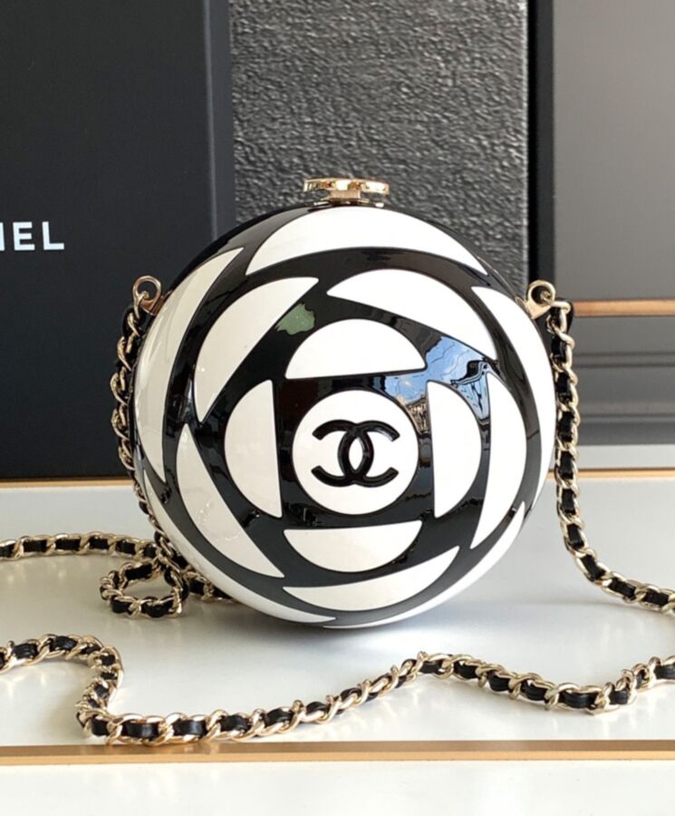 Cha.nel Sphere Minaudiere, AS4505 Cream, Plexi Gold-Tone Metal, Luxury Handbag