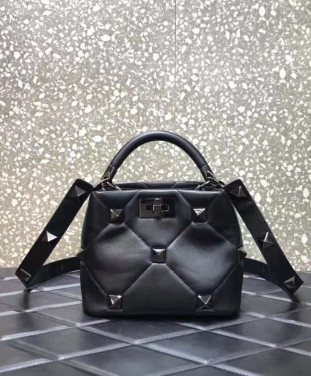 Valen.tino Garavani Roman, Stud Handle Bag, Black Lambskin Nappa, Luxury Handbag