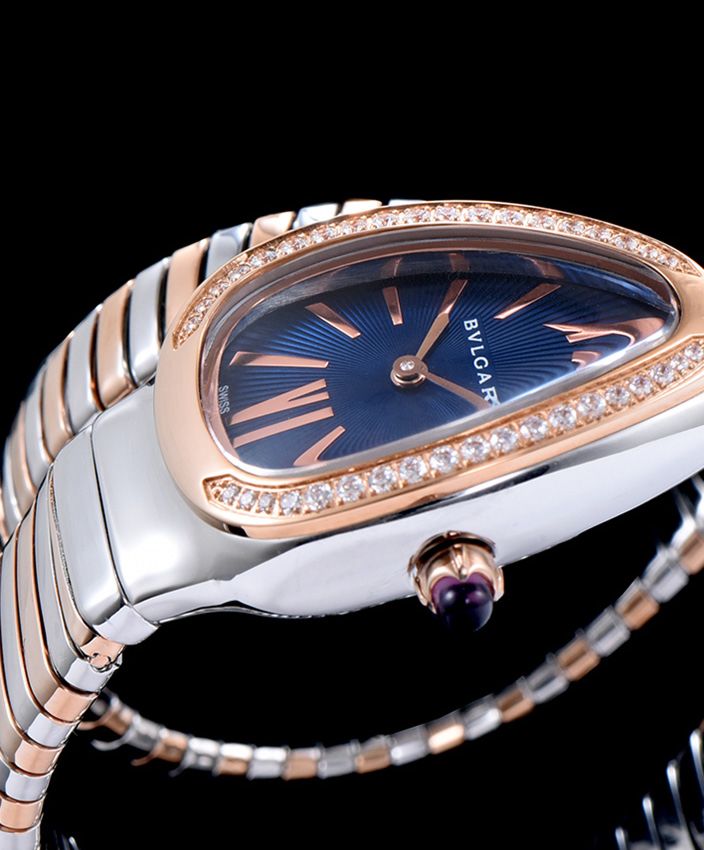 Bvl.gar 18-carat pink-gold, Luxury Steel Watch, Quartz Movement, Blue Opaline Dial, Pink Rubellite, Bvl.gar-Bvl.gar Collection.