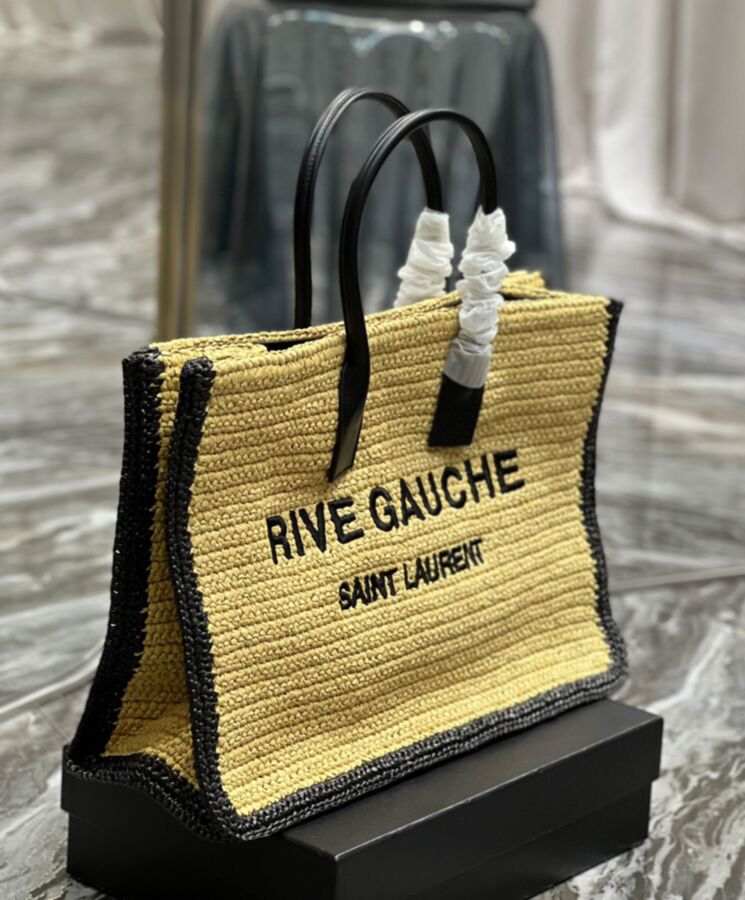 Saint.Lau.rent Rive Gauche Tote Bag In Raffia And Leather Apricot