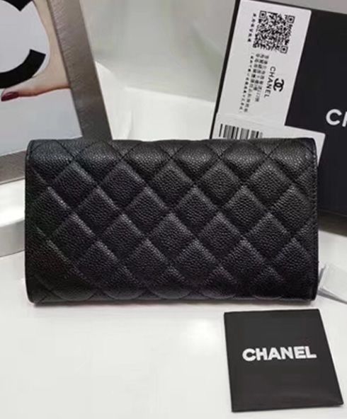 Cha.nel Quilted Flap Wallet in Caviar Black