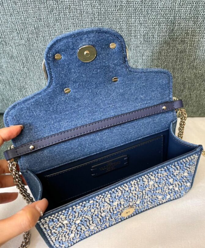 Valen.tino Small Loco Denim Shoulder Bag With Rhinestones Blue