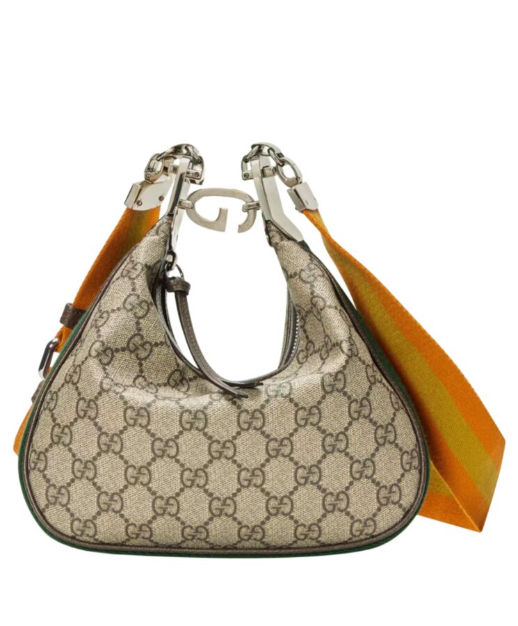 G.U.C.C Attache Small, GG Supreme canvas, Brown leather bag, Hollywood glamour.