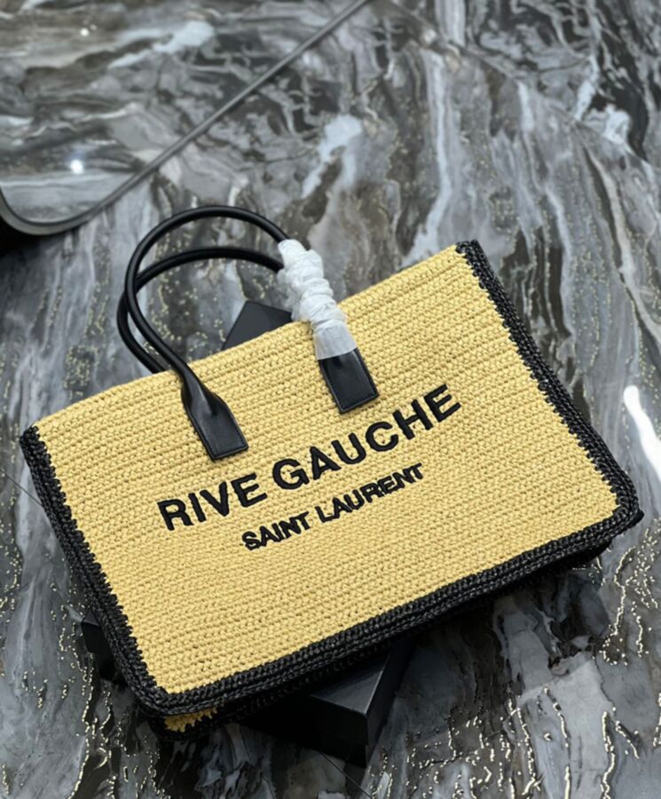 Saint.Lau.rent Rive Gauche Tote Bag In Raffia And Leather Apricot