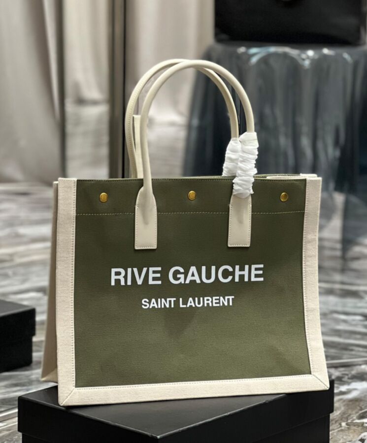 Saint.Lau.rent Rive Gauche Small Tote Bag In Linen And Leather Green