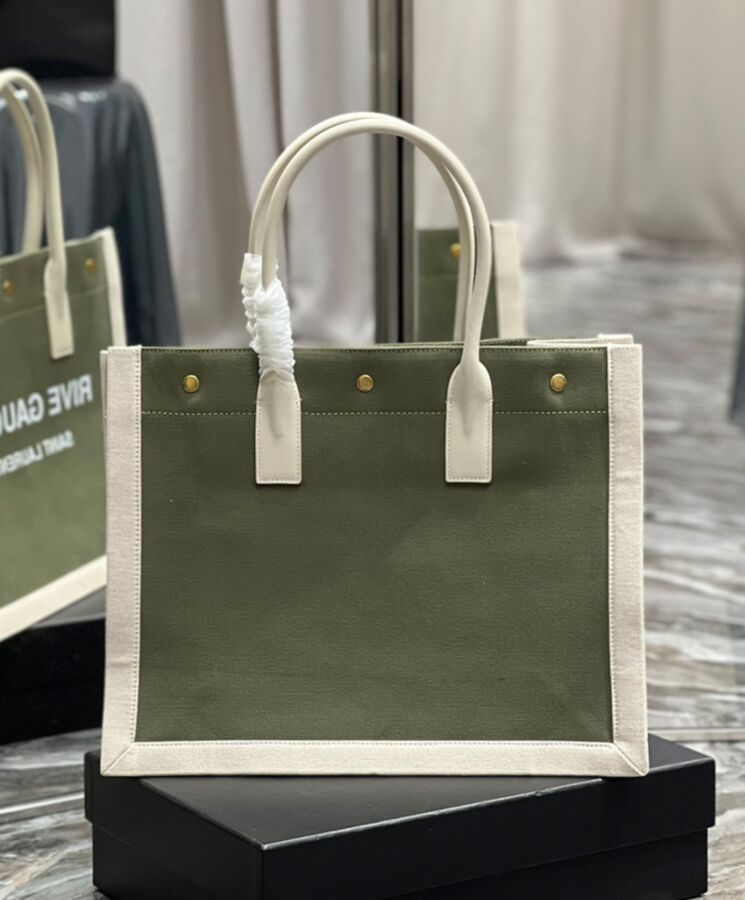 Saint.Lau.rent Rive Gauche Small Tote Bag In Linen And Leather Green