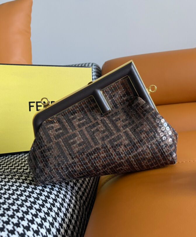 Fen.di First Small, jacquard FF motif, shiny transparent sequins, nappa leather, shoulder strap, clutch bag.