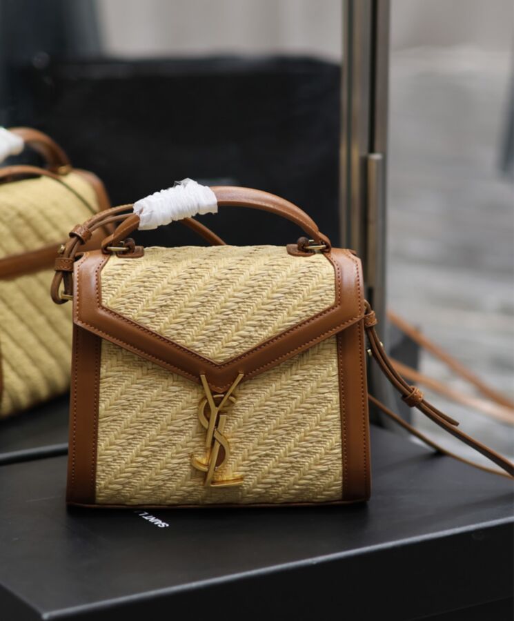 Saint.Lau.rent Cassandra Mini Top Handle Bag In Raffia And Vegetable-Tanned Leather Coffee