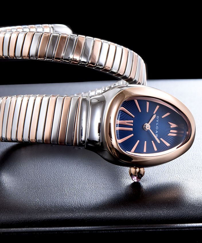 Bvl.gar 18ct pink-gold and stainless steel watch Blue