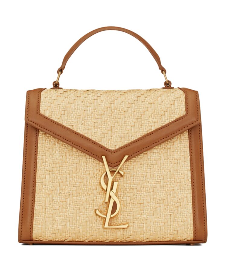 Saint.Lau.rent Cassandra Mini Top Handle Bag In Raffia And Vegetable-Tanned Leather Coffee