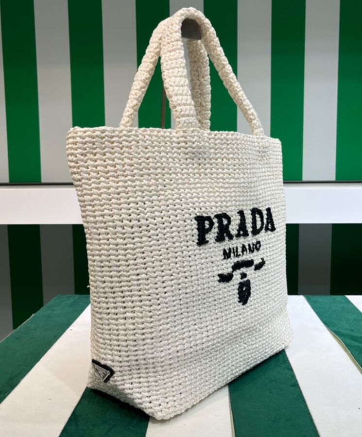 Pra.-da Crochet Tote Bag 1BG392 Cream