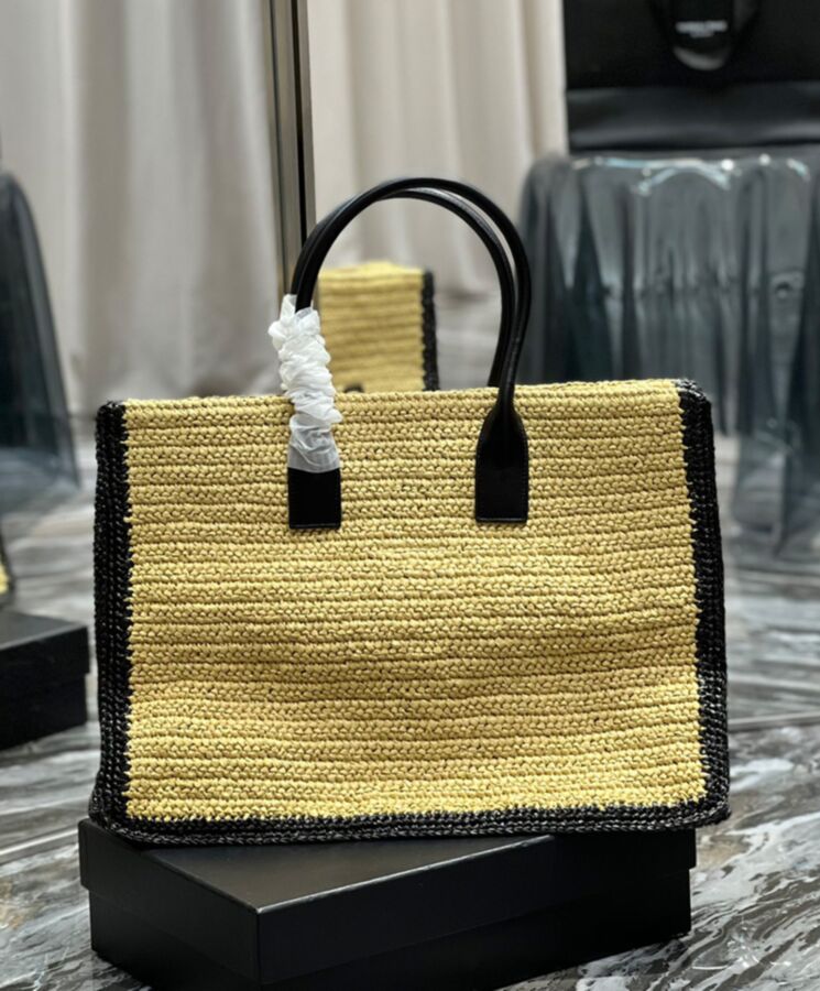 Saint.Lau.rent Rive Gauche Tote Bag In Raffia And Leather Apricot