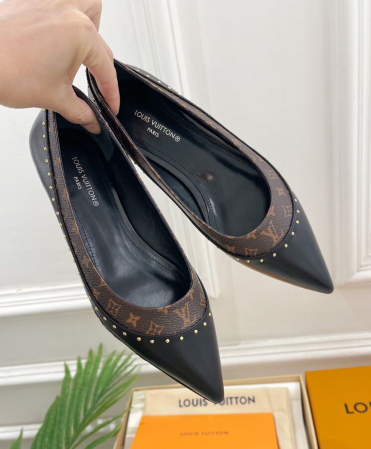 L.*V Women's, Signature Flat Ballerina, Luxury Ballet Flats, Monogram Canvas, Gold-stone Studs