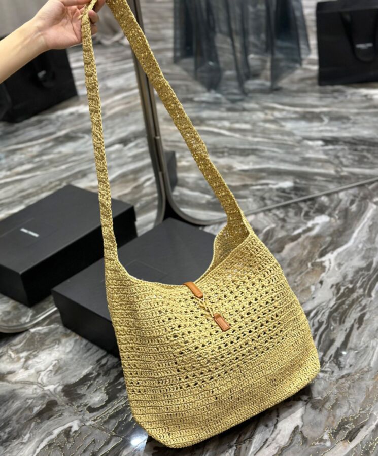 Saint.Lau.rent Hobo Raffia Bag In Crochet And Smooth Leather Apricot