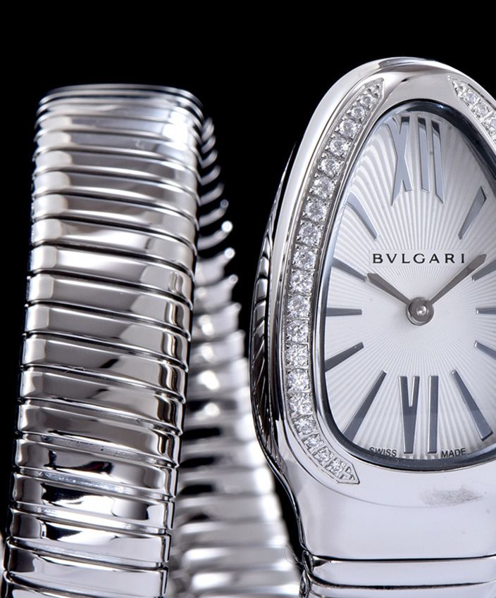 Bvl.gar Sliver Tone, Stainless Steel Diamond Watch, Luxury Timepiece, Women's Fashion Accessory, Serpenti Tubogas Collection