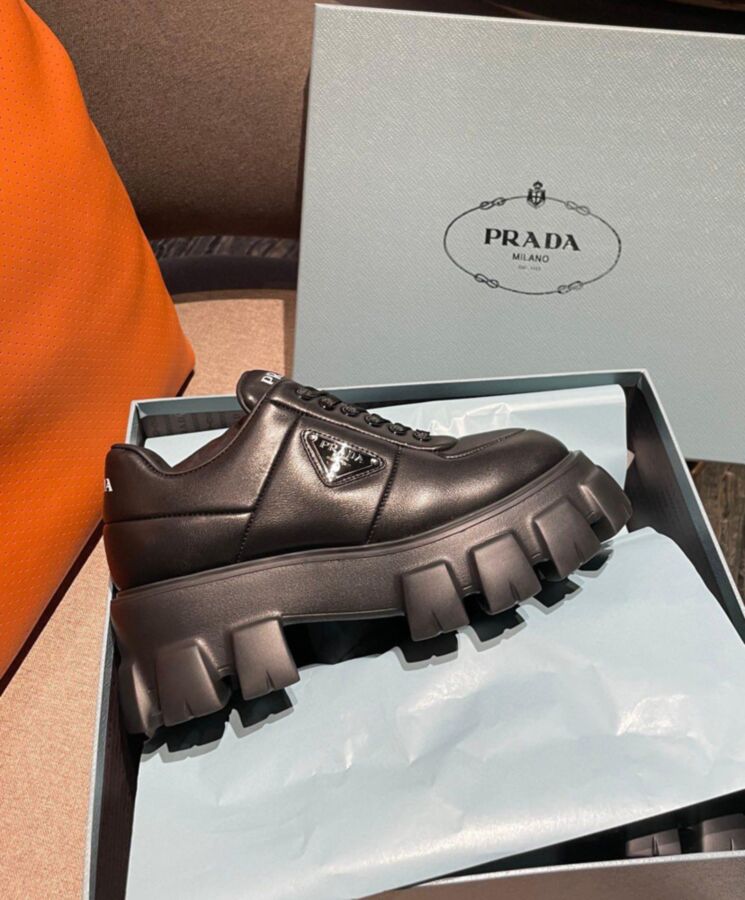 Pra.-da Women's Soft Padded Nappa, Black Lace-up Shoes, Monolith Design, Luxury Leather Shoes