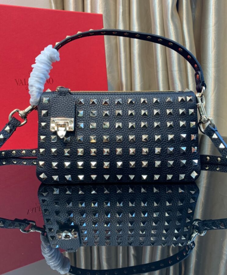 Valen.tino Small Rockstud Grainy Calfskin Crossbody Bag With All-Over Studs Black