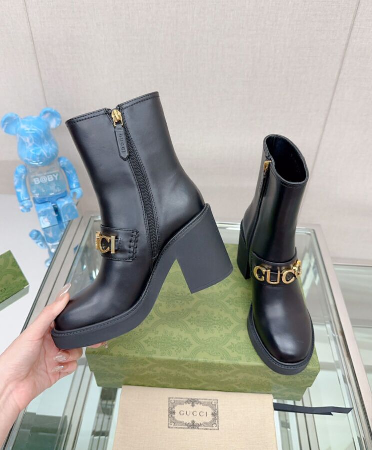 G.U.C.C Women's Boot, Luxury Leather Boot, Black G.U.C.C Boot, G.U.C.C Script Logo Boot, G.U.C.C Ankle Boot