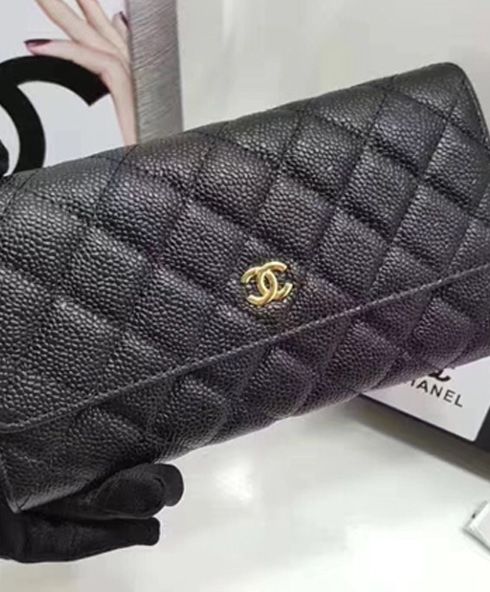 Cha.nel Quilted Flap Wallet in Caviar Black