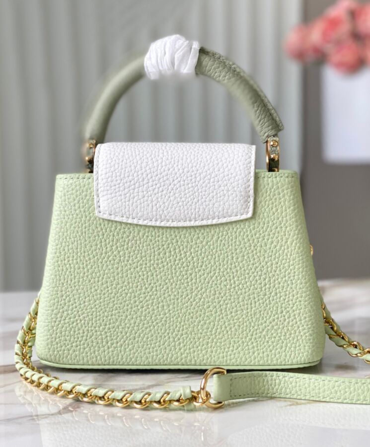 L.*V Capucines, Taurillon Leather Handbag, Mini M22916 Green, Luxury Handbag, Cross-Body Carry, Color Block Handbag