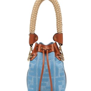 Fen.di Mon Tresor, Denim Bucket Bag, Leather Trim Bag, Bucket Bag with Detachable Straps, Gold-finish Metalware Bag