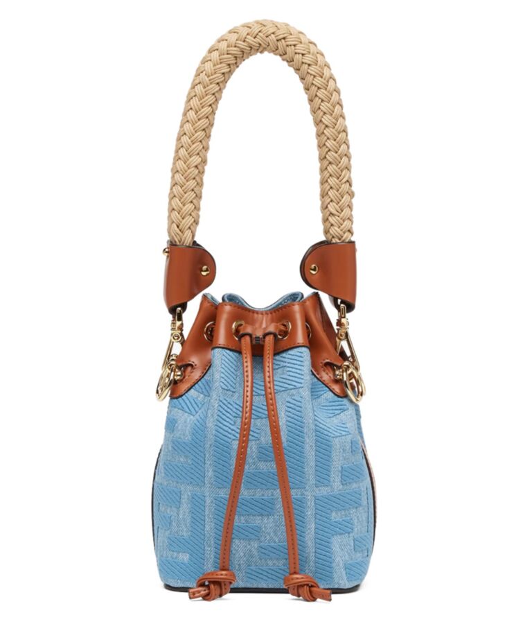 Fen.di Mon Tresor, Denim Bucket Bag, Leather Trim Bag, Bucket Bag with Detachable Straps, Gold-finish Metalware Bag