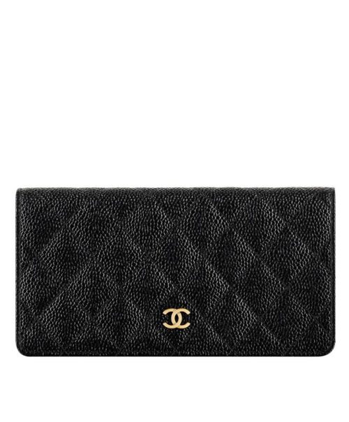 Cha.nel Quilted Bi-fold Wallet, Luxury Leather Wallets, Cha.nel Caviar Black Wallet