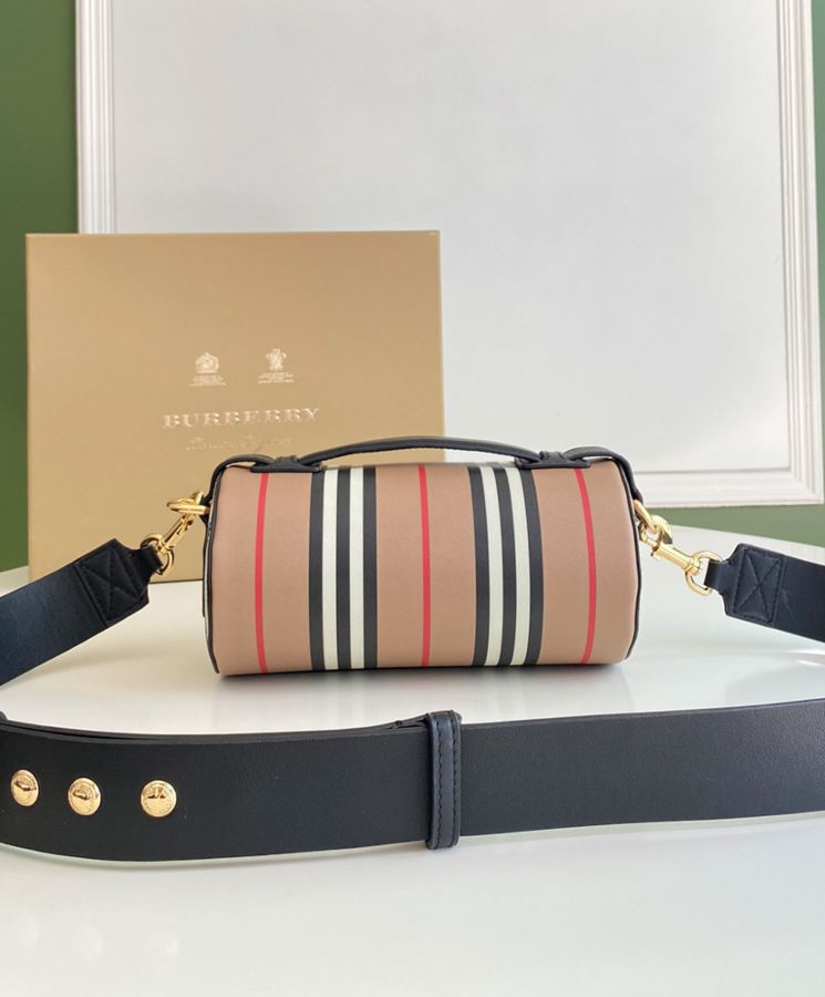 Bur.berri The Icon Stripe E-canvas and Leather Barrel Bag Apricot