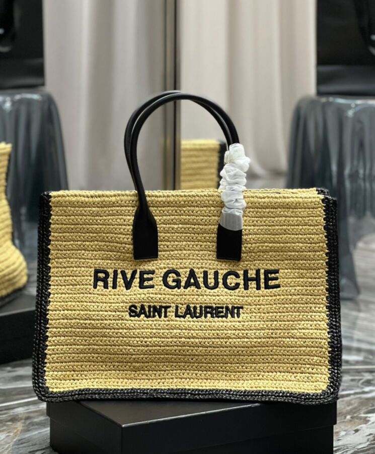 Saint.Lau.rent Rive Gauche Tote Bag In Raffia And Leather Apricot