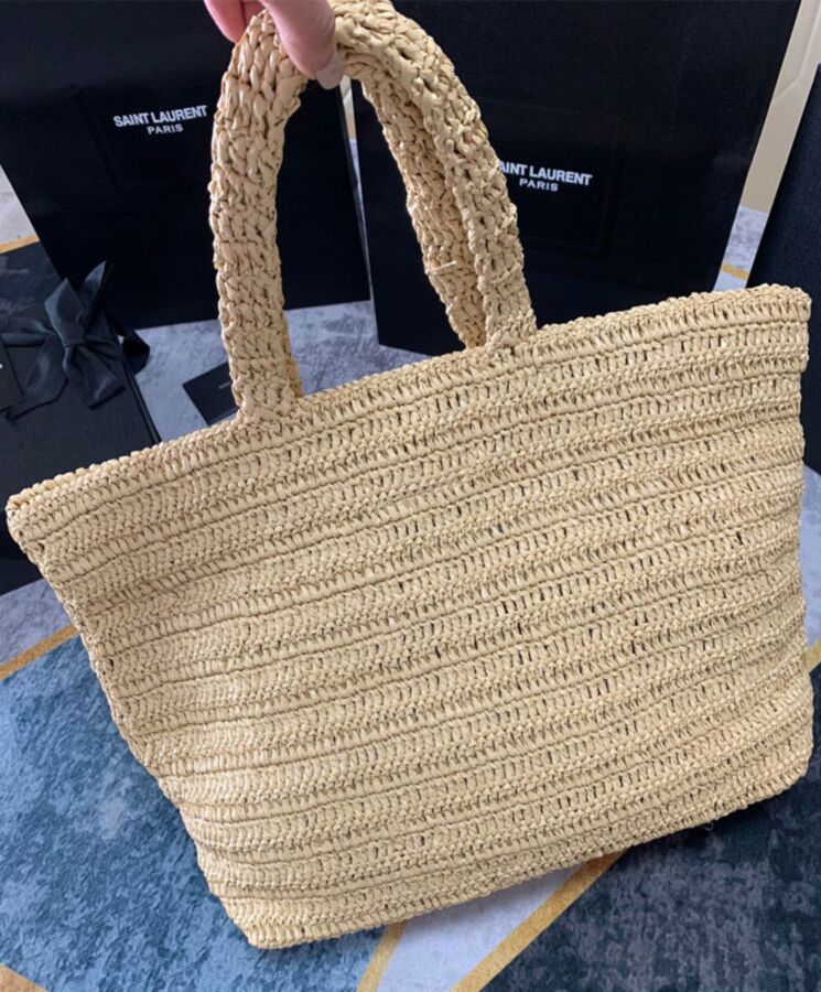 Saint.Lau.rent Rive Gauche Supple Tote Bag In Raffia Crochet Apricot