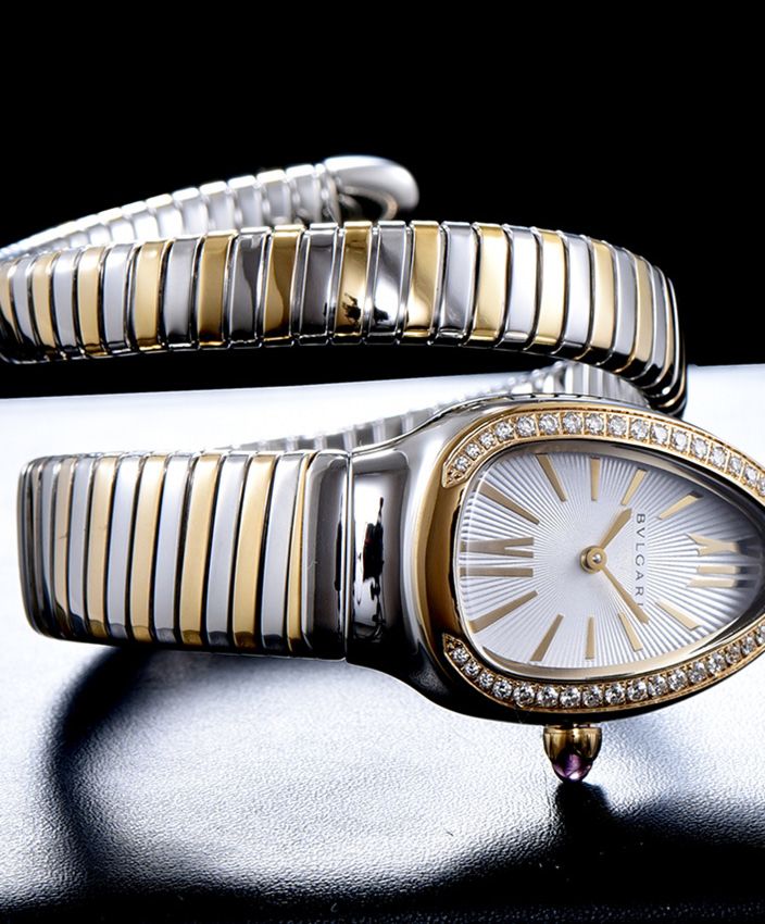 Bvl.gar 18-carat gold and steel watch White