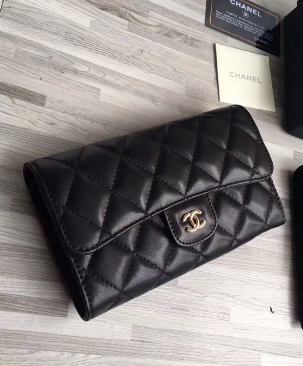 Cha.nel Lambskin Quilted, Large Flap Wallet, Black Lambskin Wallet