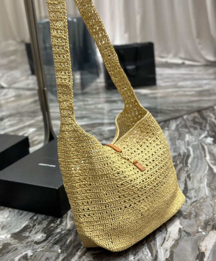 Saint.Lau.rent Hobo Raffia Bag In Crochet And Smooth Leather Apricot