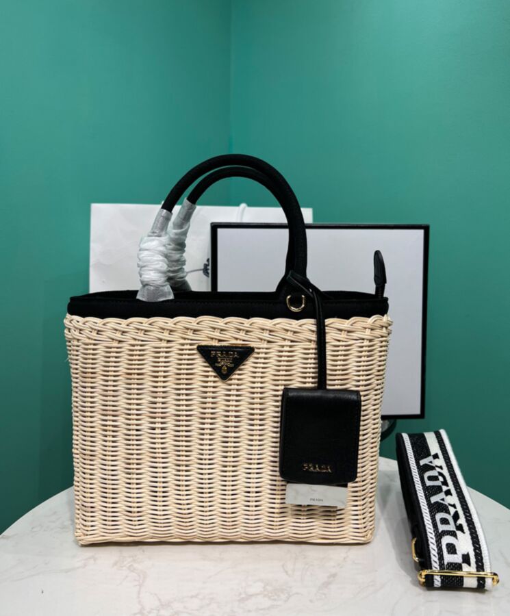 Pra.-da Wicker And Canvas Tote 1BG835 Black