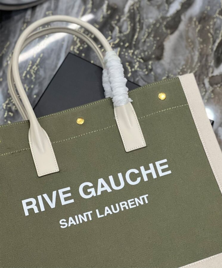 Saint.Lau.rent Rive Gauche Small Tote Bag In Linen And Leather Green