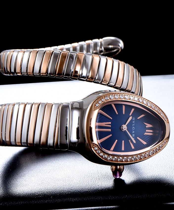 Bvl.gar 18-carat pink-gold, Luxury Steel Watch, Quartz Movement, Blue Opaline Dial, Pink Rubellite, Bvl.gar-Bvl.gar Collection.