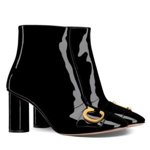 Di.ar Women's C'est, Heeled Ankle Boot, Black Patent Calfskin, Winter 2023, Gold-finish Metal Initials