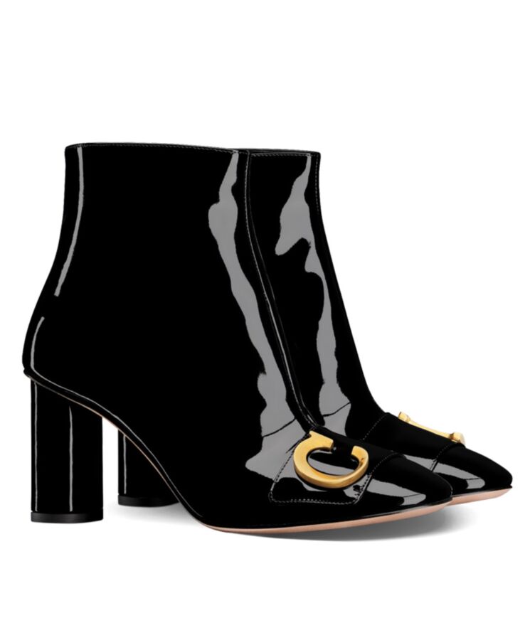 Di.ar Women's C'est, Heeled Ankle Boot, Black Patent Calfskin, Winter 2023, Gold-finish Metal Initials