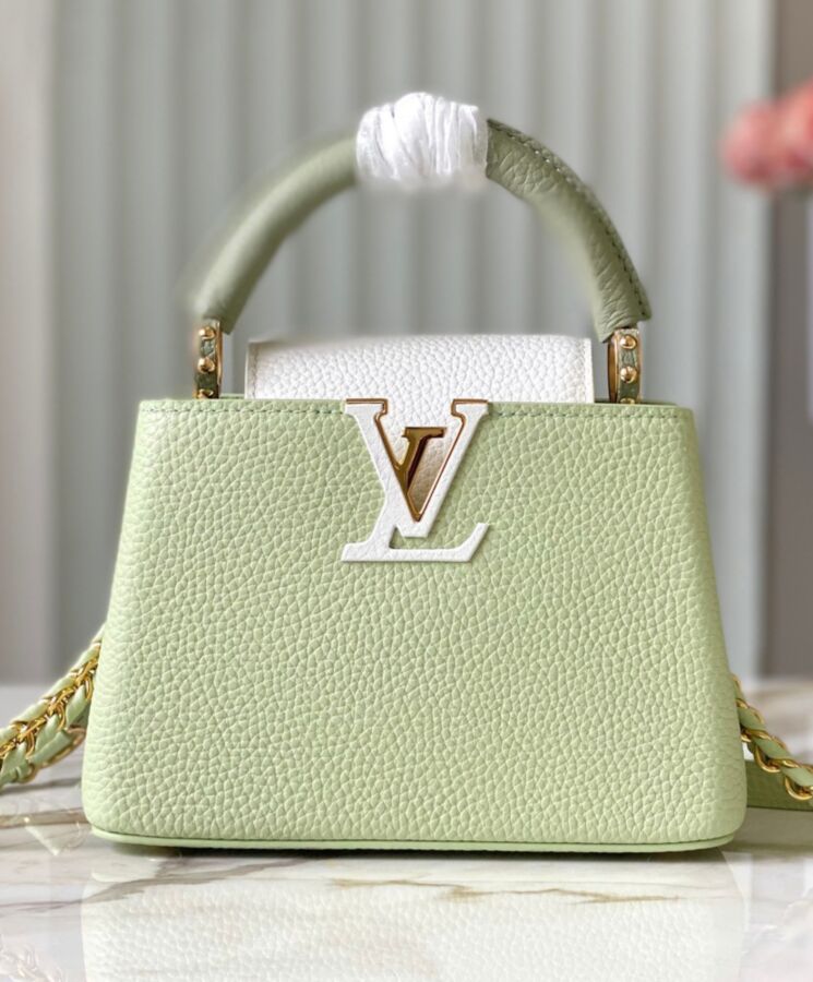 L.*V Capucines, Taurillon Leather Handbag, Mini M22916 Green, Luxury Handbag, Cross-Body Carry, Color Block Handbag