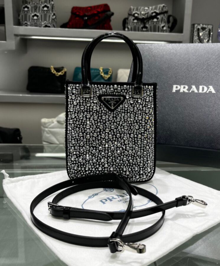 Pra.-da Small crystal-studded satin tote bag 1BA331 Black