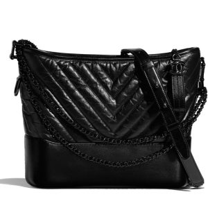 Cha.nel Gabrielle Hobo Bag, A93824 Black, Aged Calfskin, Smooth Calfskin, Black Metal, Cha.nel Bag, Luxury Handbag