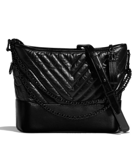 Cha.nel Gabrielle Hobo Bag, A93824 Black, Aged Calfskin, Smooth Calfskin, Black Metal, Cha.nel Bag, Luxury Handbag