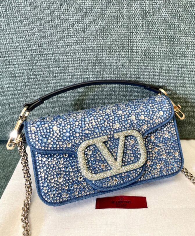 Valen.tino Small Loco Denim Shoulder Bag With Rhinestones Blue