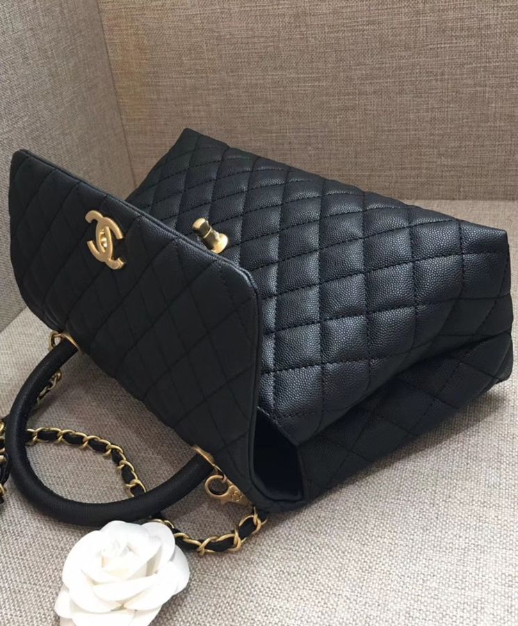 Cha.nel Flap Bag, Grained Calfskin Bag, Luxury Handbag, A92991 Black, Cha.nel Top Handle Bag