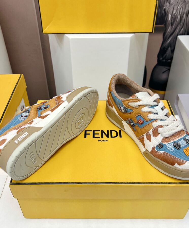 Fen.di Unisex Match, Designer Lace-up Sneakers, Denim Sneakers, Bead Embroidery, Fen.di Sneakers