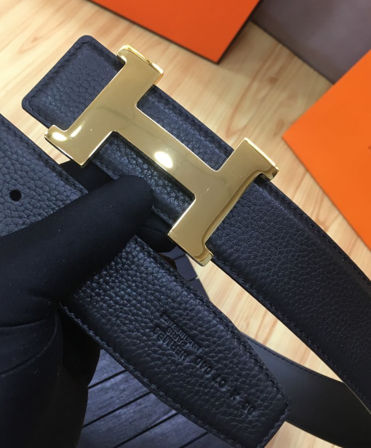 Her..mes Men’s H belt buckle & leather strap Black